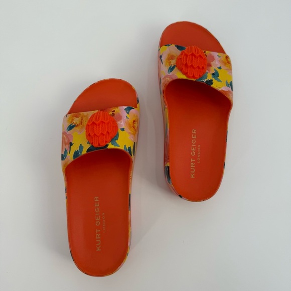 Kurt Geiger London Eagle Chunky Floral Platform Slide Orange Summer Sandals - Picture 4 of 17